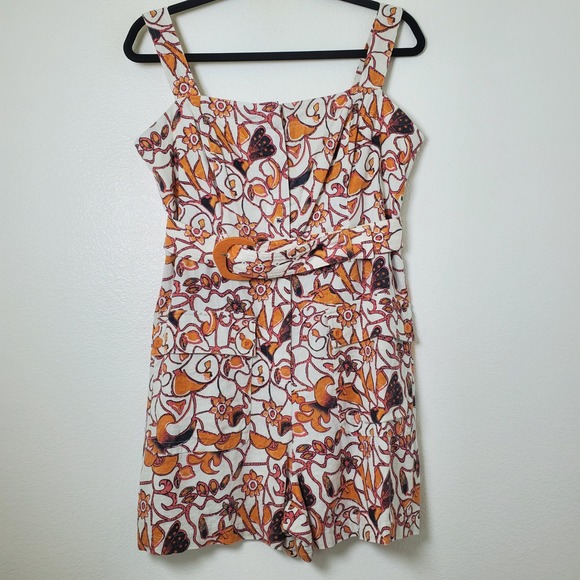 House of Harlow 1960 Linen Blend Floral Belted Romper Vintage Inspired Sz 12
